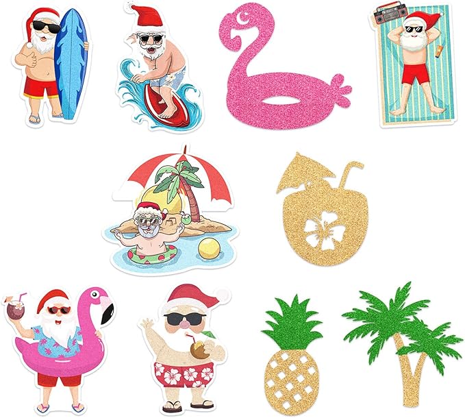 Hawaiian-Tropical Christmas Party-Decorations Streamers - 10Pcs Flamingo Pineapple Palm Leaves Hanging Swirl Ceiling Decor,Summer Pool Beach Birthday Merry Snata Banner Supplies Hugtmr
