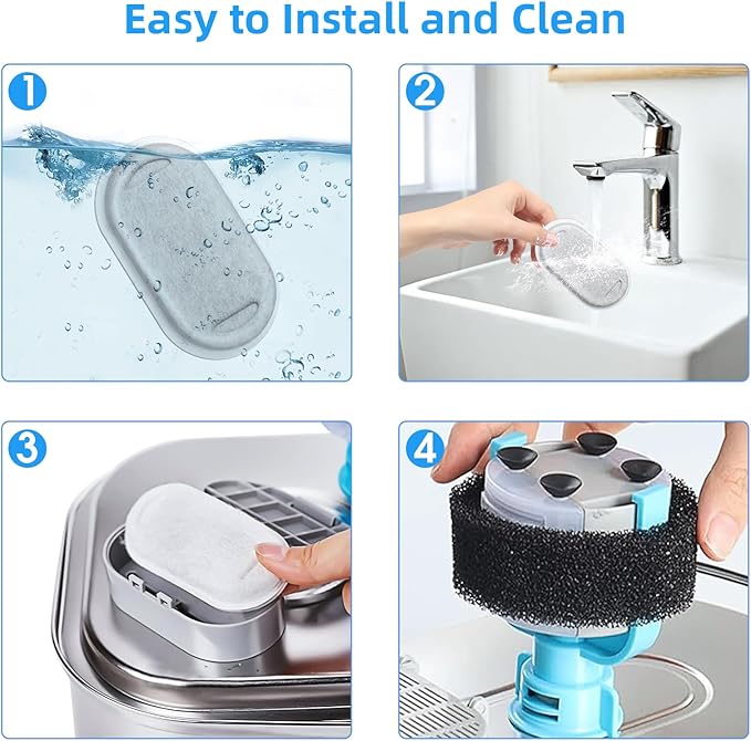 Cat Water Fountain Filters-8 Pack Replacement Filters & 8 Pack Replacement Pre-Filter Sponges Set for Stainless Steel 108/3.2L& 67oz/2L Adjustable Water Flow Pet Water Fountain