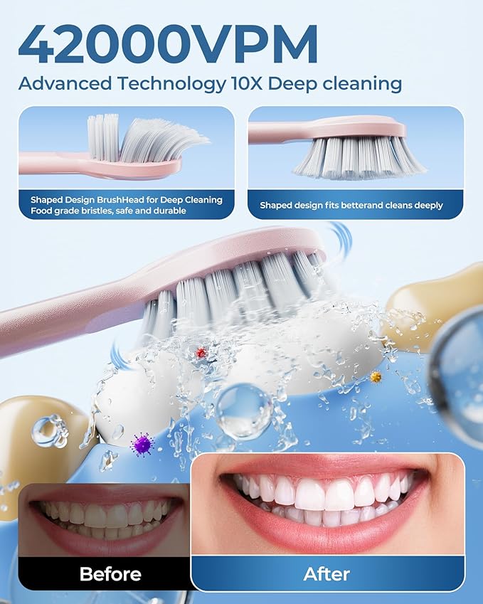 Pink Electric Toothbrushes, with 8 Brush Heads, 1 Travel Toothbrush Case, for Adults and Kid Electric Toothbrush, Long 180-Day Battery Life, 6 Modes, IPX7 Waterproof, Smart 2-Minute Timer.