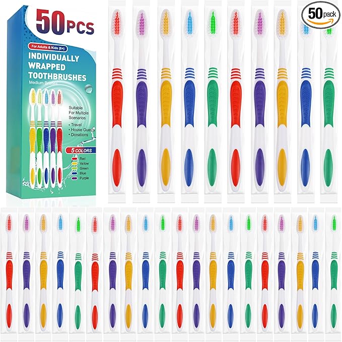 Navona 50 PCS Premium Individually Wrapped Bulk Toothbrush Pack, Disposable Toothbrushes, Kids Toothbrush, Medium Soft Bristle Toothbrushes, Ergonomics Handle, Perfect for Travel Hotel Donation