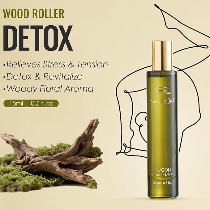MATRUM Detox & Stress Relief Blend Essential Oil Roller, 100% Pure Woody Floral Aromatherapy Oil for Stress & Tension Relief, Detox and Revitalize, Wood Roller, 0.5 Fl Oz