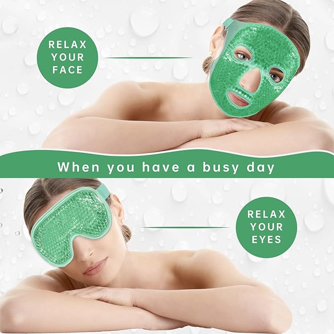 ZNÖCUETÖD Cooling Ice Face Eye Mask for Reducing Puffiness, Bags Under Eyes,Sinus,Redness,Pain Relief,Dark Circles, Migraine,Hot/Cold Pack with Soft Plush Backing(Green(1* Eye Mask+1*Face Mask))