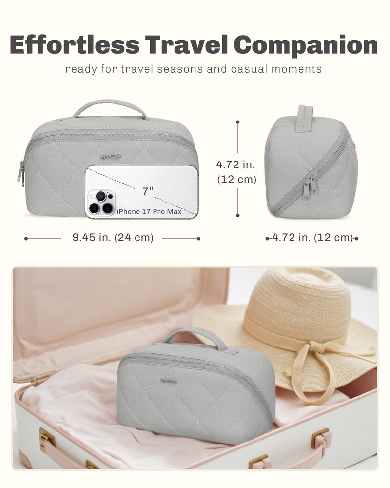 Hynes Eagle Travel Makeup Bag for Women Puffy Cosmetic Organizer Pouch Open Flat Toiletry Bag for Toiletries, Brushes Grey