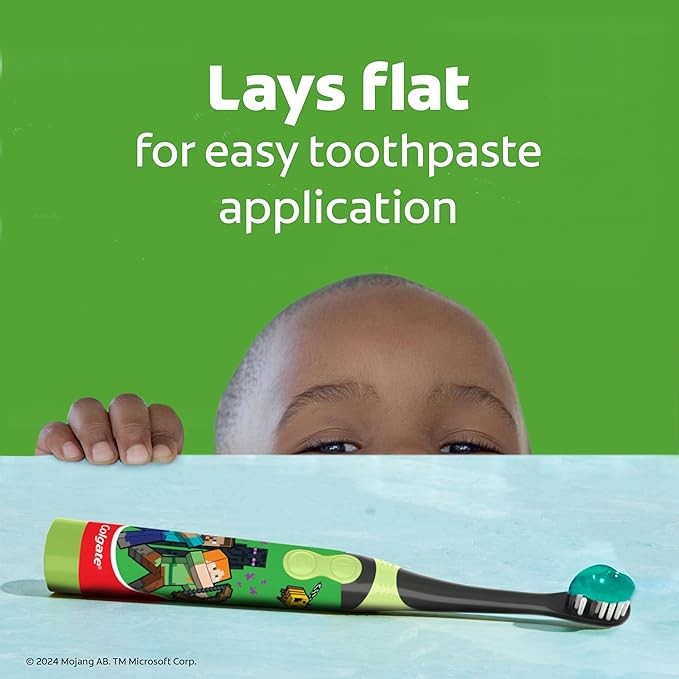 Colgate Kids Battery Powered Minecraft Toothbrush, Extra Soft Kids Battery Toothbrush with 1 AA Battery Included, Made for Ages 3 and Up, Features Easy On and Off Switch, Flat Lay Handle, 1 Count