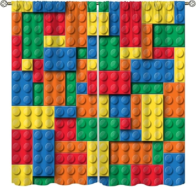 Kids Building Blocks Toy Curtains Children's Room Abstract Outline Colorful Plastic Toys Geometric Bricks Print Curtains for Boys Girls Nursery Curtains 63x63 Inches 2 Panels