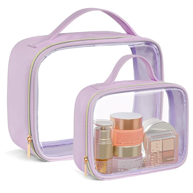 PACKISM Clear Makeup Bag - 2 Pack TSA Approved Toiletry Bag with Handle and 180° Large Opening, Sturdy Clear Toiletry Bag Fit Carry-on Travel Essential, Travel Bags for Toiletries, Purple