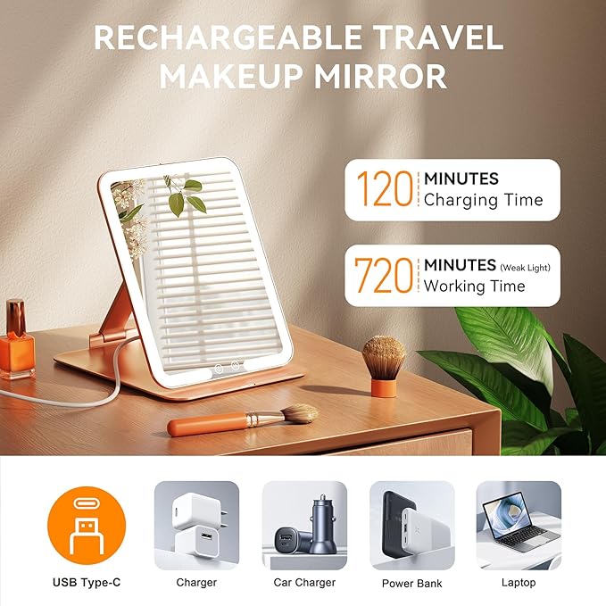 Auxmir Travel Makeup Mirror with Light, Portable Folding Lighted Travel Makeup Mirrot with 72 LEDs, Rechargeable Compact Vanity Mirror with 3 Dimmable Color Lights, Adjustable Stand, Rose Gold