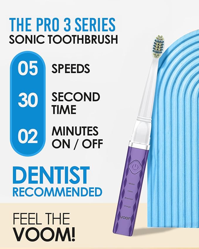 Voom Sonic Pro 3 Rechargeable Electric Toothbrush With Soft Dupont Nylon Bristles Dentist Recommended Portable Oral Care 2-Minute Timer 3 Adjustable Speeds Light Weight Design - Purple