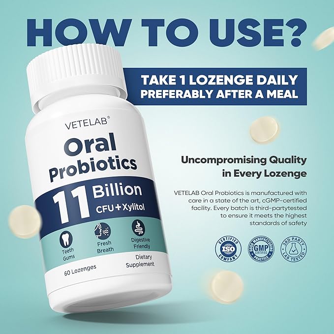 Oral Probiotics for Mouth Bad Breath - 11 Billion CFU Chewable Probiotics for Teeth & Gums, Dry Mouth, Gum Restore, Fresh Breath, Chronic Halitosis & Gut Health, 60 Lozenges
