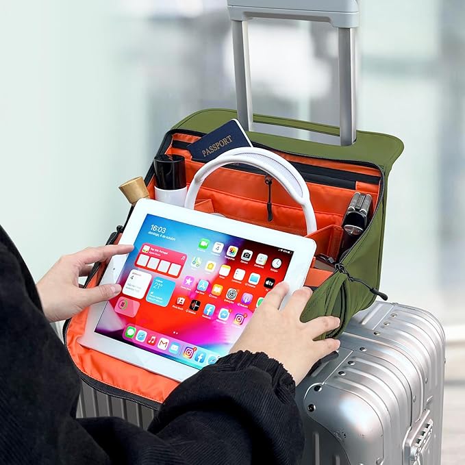CONTAIL 13 Inch 3L 4-in-1 Travel Essentials Organizer, Small Business Handbag, Suitcase Drink Holder,Phone Tablet Holder,Airport Accessories Storage,Army Green