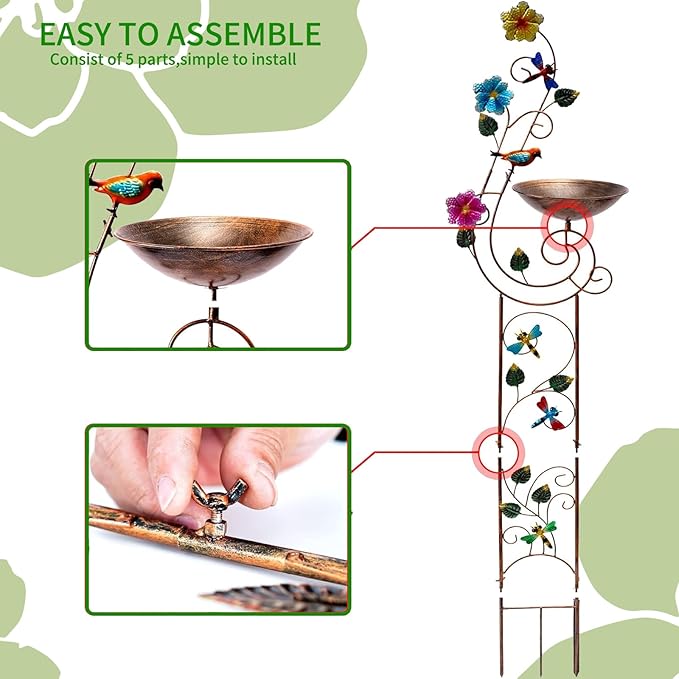 57" Height Metal Bird Bath with Trellis for Outdoor, Vintage Decorative Bird Baths, Small Garden Plant Support, Antique BirdBath for Climbing Plants with Detachable Iron Bowl (Hummingbird)