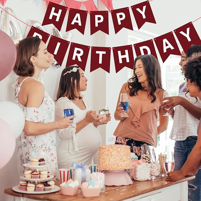 Burgundy Birthday Banner Sign Happy Birthday Bunting Banner Garland for Kids Girl Woman Tea Party Decorations Bunting Flag Party Supplies
