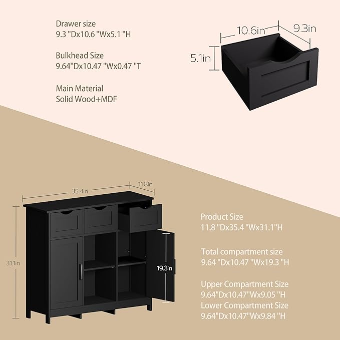 Sideboard Floor Storage Cabinet - Wooden Storage Organizer with 2 Doors and 3 Drawers, Free Standing Accent Buffet Cabinet with Adjustable Shelves for Living Room, Bedroom.Bathroom (Black)