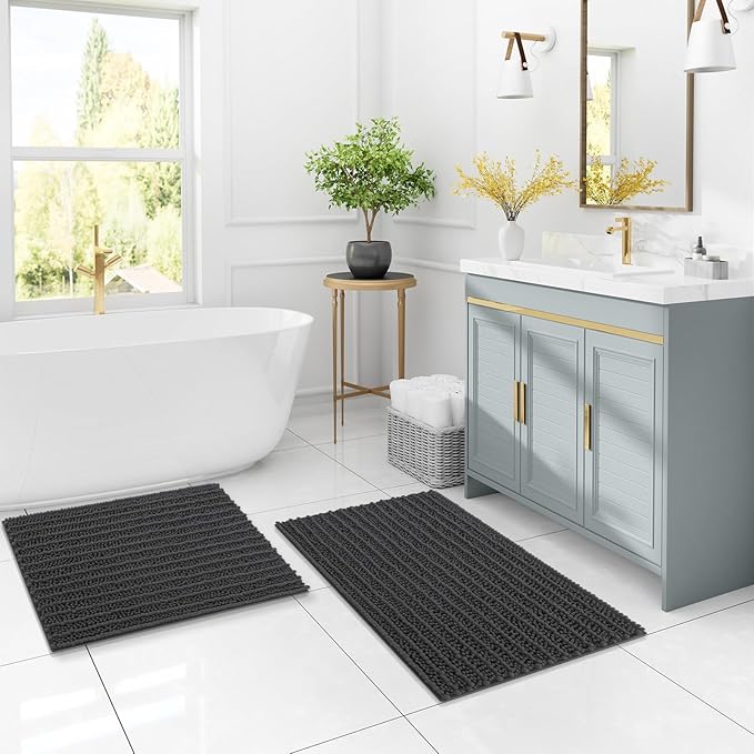 Arotive Luxury Chenille Bathroom Rug Mat, Extra Soft Thick Absorbent Shaggy Bath Rugs, Non-Slip Machine Wash Dry, Plush Bath Mats for Bathroom, Shower and Tub, 44x32, Dark Grey
