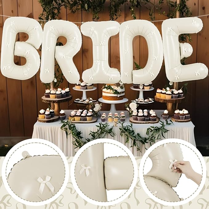 40Inch Beige BRIDE Balloons Bachelorette with Cream Bows, Giant Sand White BRIDE Mylar Foil Letter Balloon, Bride To Be Banner Sign for Bridal Shower Engagement Wedding Photo Booth Party Decorations