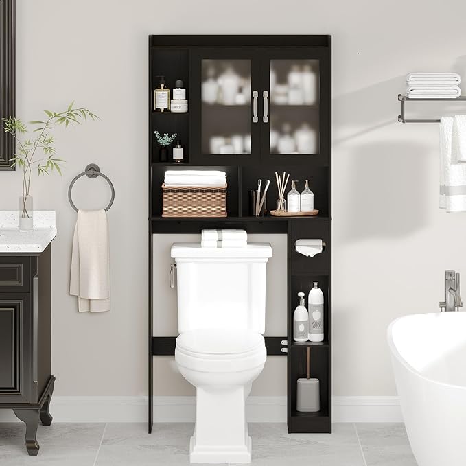 Vabches Over The Toilet Storage Cabinet, Farmhouse Storage Cabinet Over Toilet with Acrylic Doors，Home Space-Saving Toilet Rack, for Bathroom, Restroom, Laundry, Black