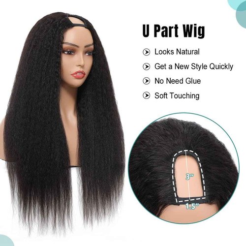 U Part Wig Human Hair Kinky Straight Wigs for Black Women, 14 inch Italian Yaki Straight Half Wig Upgrade U Shape Clip in Wigs Remy Human Hair Extension