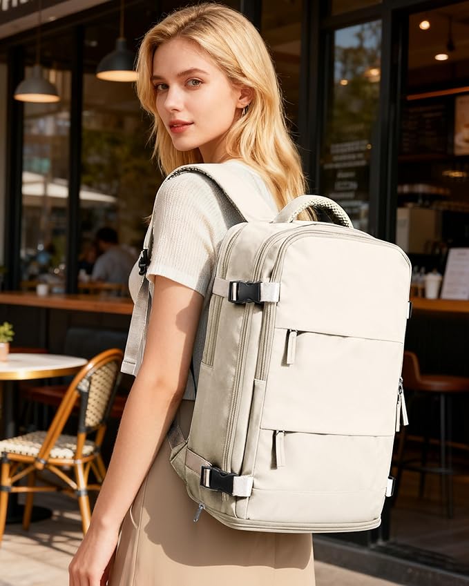coofay Beige Travel Backpack For Women Men Airline Approved Personal Item Carry On Flight Approved Waterproof Backpack For Traveling On Airplane Weekender Travel Bag