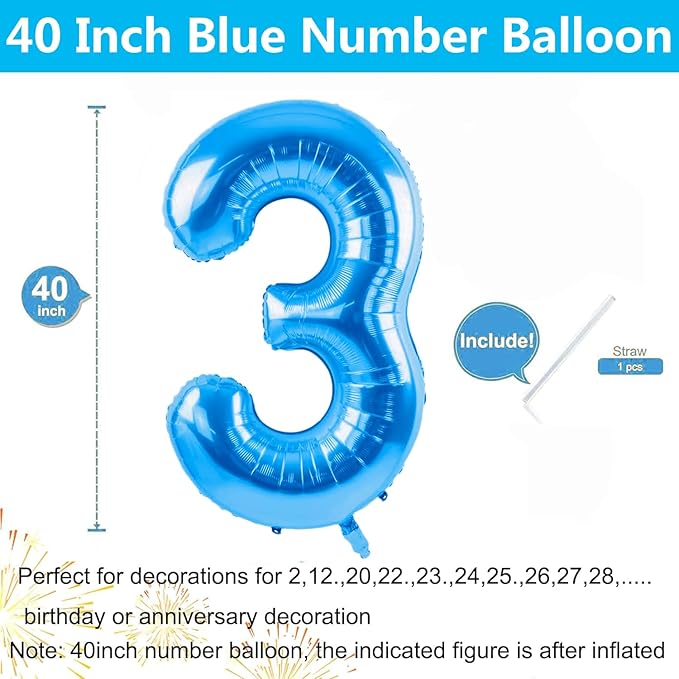 40 inch Blue Number Balloon Giant Foil Helium Balloons Blue Number 3 Balloon for 3rd Birthday Party Decorations