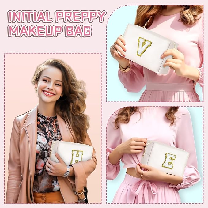 TOPEAST Preppy Small Makeup Bag, Chenille Letter Pouch Cosmetic Bag With Zipper, PU Leather Waterproof Toiletry Bag, Personalized Birthday Gift for Women, Cute Stuff for Girls (White D)