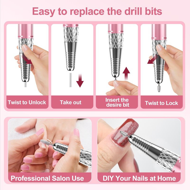 Electric Nail Drill Machine Professional, Cordless Rechargeable Nail Drill Kit Low Heat Quiet E-File for Acrylic Gel Polishing Removing with Bits Kit for Manicure Salon Home (Pink)