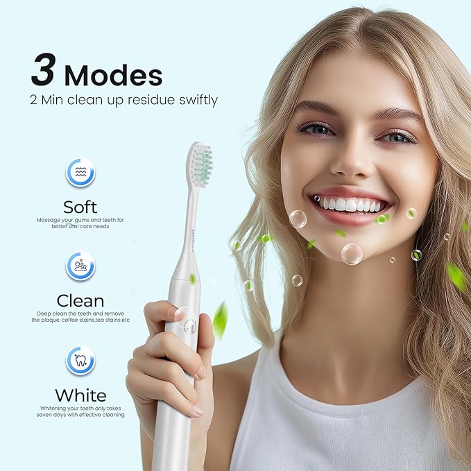 Sonic Electric Toothbrush for Adults - Type C Rechargeable Portable 3 Modes White Sonic Electric Toothbrush with Travel Kit