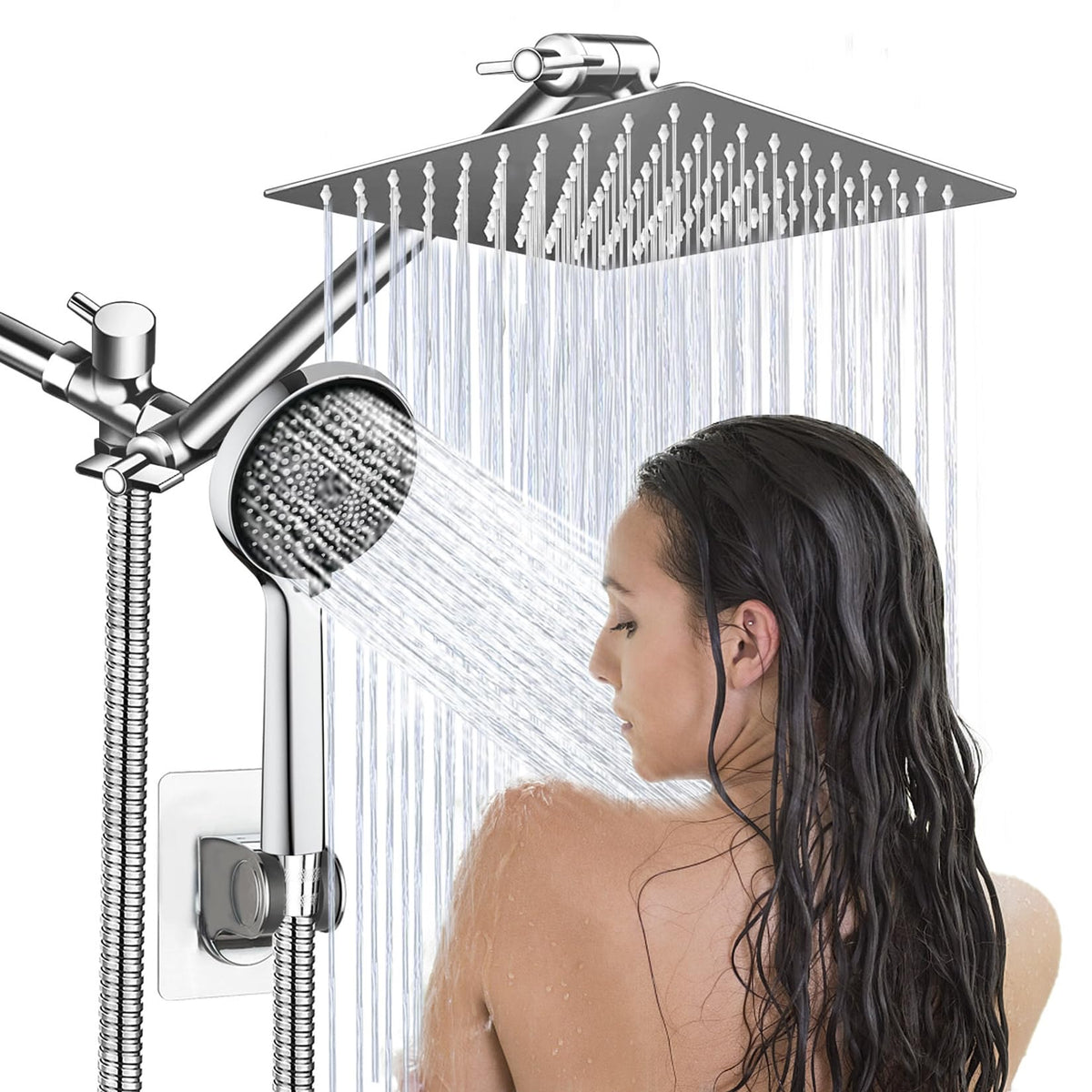 Shower Head,8”Rain Shower Head with Handheld Spray Combo with 11'' Angle Adjustable Extension Arm/Flow Regulator/Shower System,High Pressure Rainfall Shower Head Bathroom,Chrome