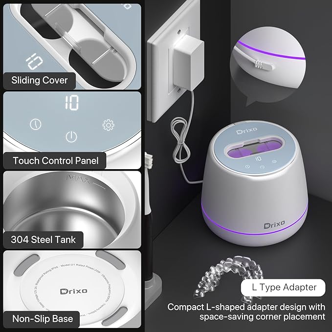 Drixo Ultrasonic Retainer Cleaner Machine, IPX6 Waterproof Dental Cleaning Pod, 3 Modes Denture Cleaner for Night Guard Mouth Guard Braces, 45kHz Denture Dome with UV Light, 200ML Tank, Arctic White