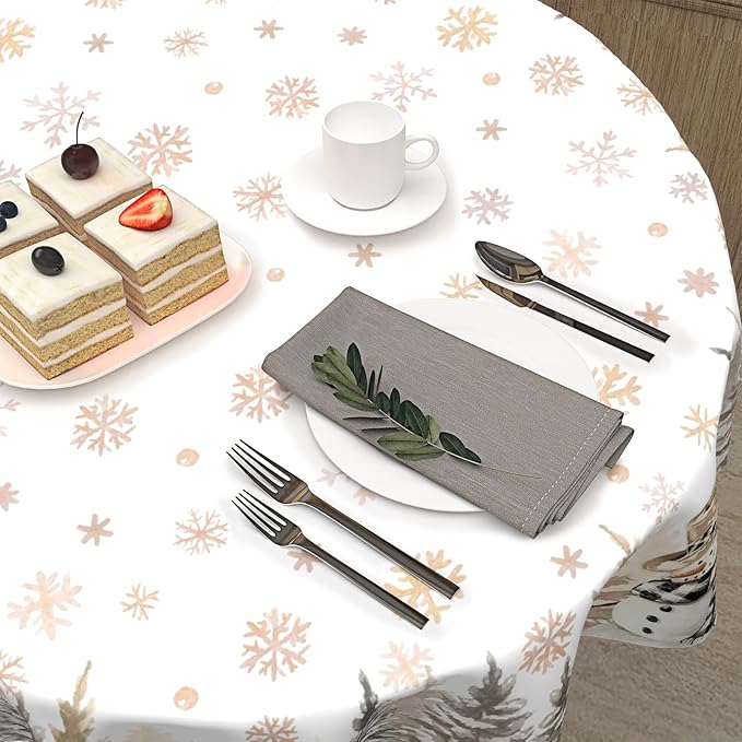 Christmas Round Tablecloth 70 Inch Xmas Snowman and Snowflake Pattern Circle Table Cloth Gold Table Cover Winter Washable Polyester Decor for Home Kitchen Dinning Party