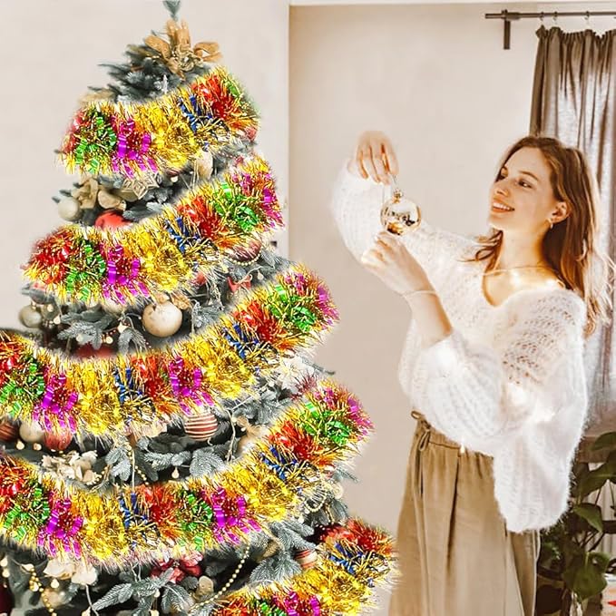 33 Ft Christmas Tinsel Garland Shiny Thick Metallic Twist Foil Xmas Tree Decorations for New Year Parties Birthday Party Teachers Day Easter Parade Floats Indoor Outdoor Hanging Decor Supplies