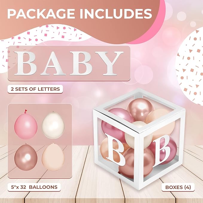 Baby Shower Boxes with Letters – White Boxes with Rose Gold, Dusty Pink, Sand & White Balloons – 44-Piece Gender Reveal & Party Decoration Set by Vellax