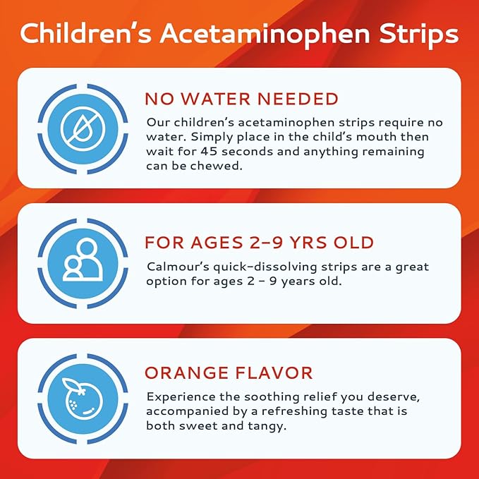Children's Acetaminophen 36 Strips | Pain Reliever & Fever Reducer | Fast-Acting Support for Cold & Flu Symptoms | Oral Chewable Strips for Kids Ages 2-9 | Travel Size, Orange Flavor