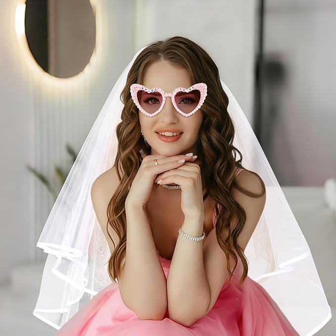 Bride to Be Set: Pearl-Trimmed Heart Sunglasses, Pearl BRIDE Sash & Tulle Veil - Bachelorette Party Bridal Accessories