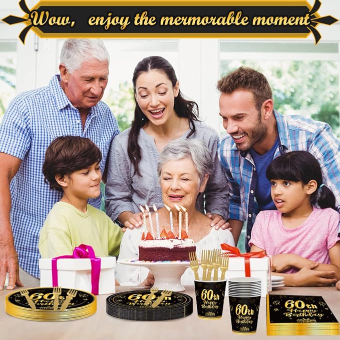 120Pcs 60th Birthday Party Supplies Plates Napkins Cups Forks Tableware Set Gold Black Happy 60th Birthday Themed Disposable Tableware Decoration Serves 24 Guests for Men Women 60 Years Old