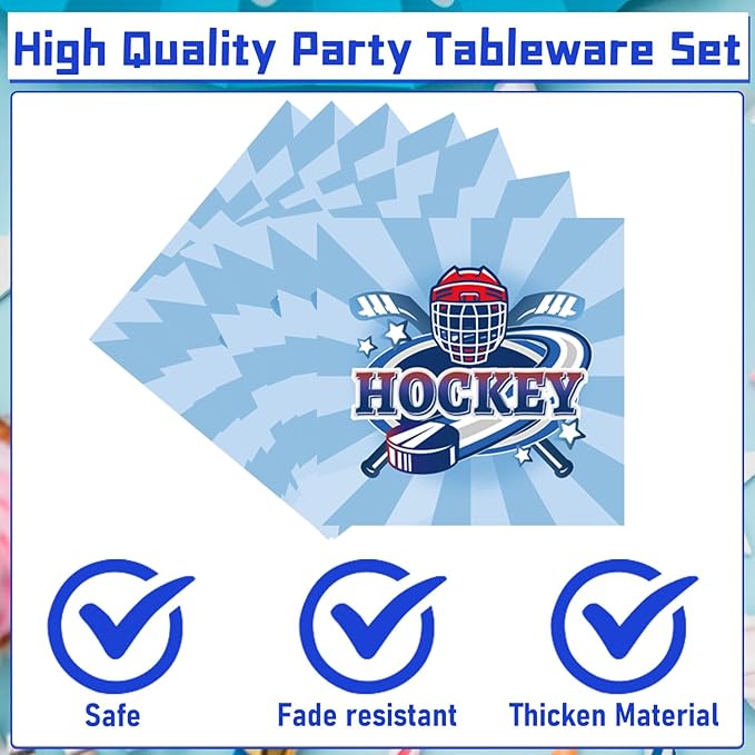 Rakuto Hockey Birthday Decorations Supplies, 96PCS Disposable Hockey Paper Plates and Napkins Forks, Sports Party Baby Shower Decor Tableware Set Dinnerware (24 Guests)