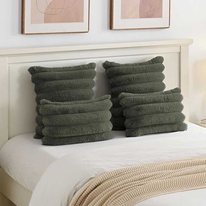 FUTEI Olive Green Decorative Throw Pillow Covers 26x26 Inch Set of 2, Square Soft Faux Rabbit Fur Big Striped Pillow Sham,Home Decor for Couch Sofa Bed Living Room