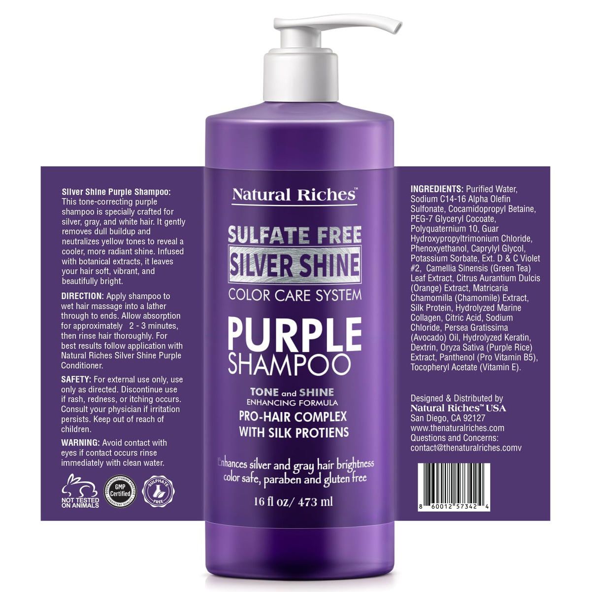 Natural Riches Radiant Silver Shine Purple Shampoo and Conditioner Set for Gray Hair - Paraben-Free and Color Safe – With Silk Proteins, Tones Dull Hair, Softens & Adds Shine - 16 fl oz