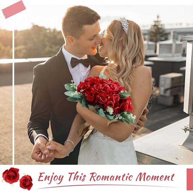 Zeyune 12 Bunches Wedding Bridesmaids Bouquets 144 Heads 7 Inch Artificial Rose Bouquets Silk Fake Flower Bulk with Stems for Valentine's Day Wedding Bridal Shower Home Party Decor(Red)