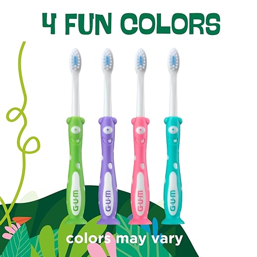 GUM Monsterz Children and Toddler Toothbrush, Soft Bristled Kids’ Toothbrush with Suction Cup, for Ages 2+, 1 Count(Pack of 6)