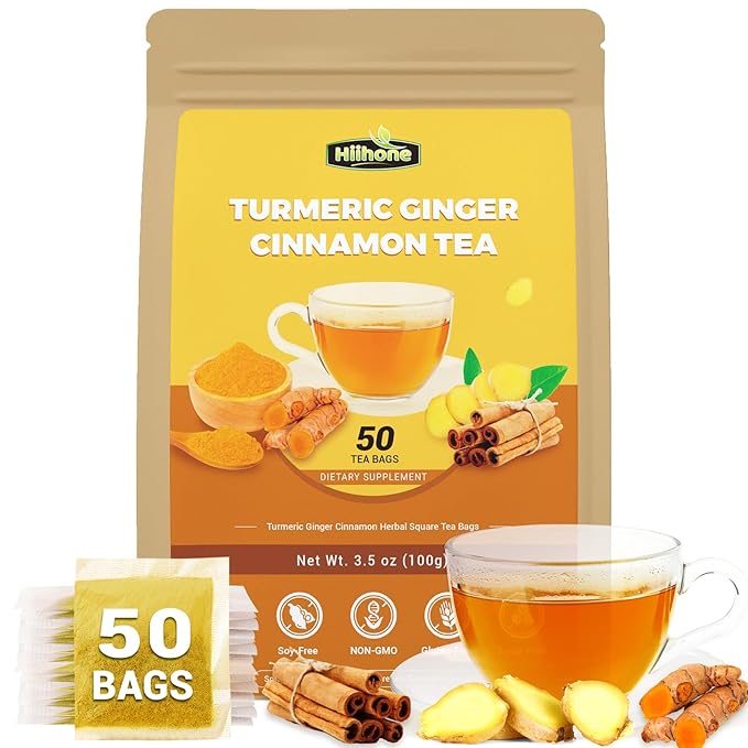 Turmeric Ginger Cinnamon Tea Bags, Turmeric Ginger Herbal Tea, No Sugar, No Caffeine, 50 Teabags
