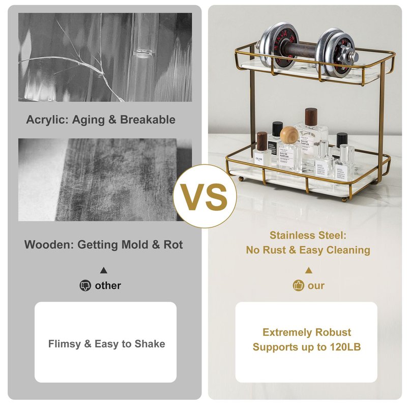 Bathroom Organizer Countertop Perfume Organizer Makeup Organizer Cosmetics Storage Display Rack Vanity Tray Dresser Stainless Steel Gold Shelf White Marble Ceramic Tray