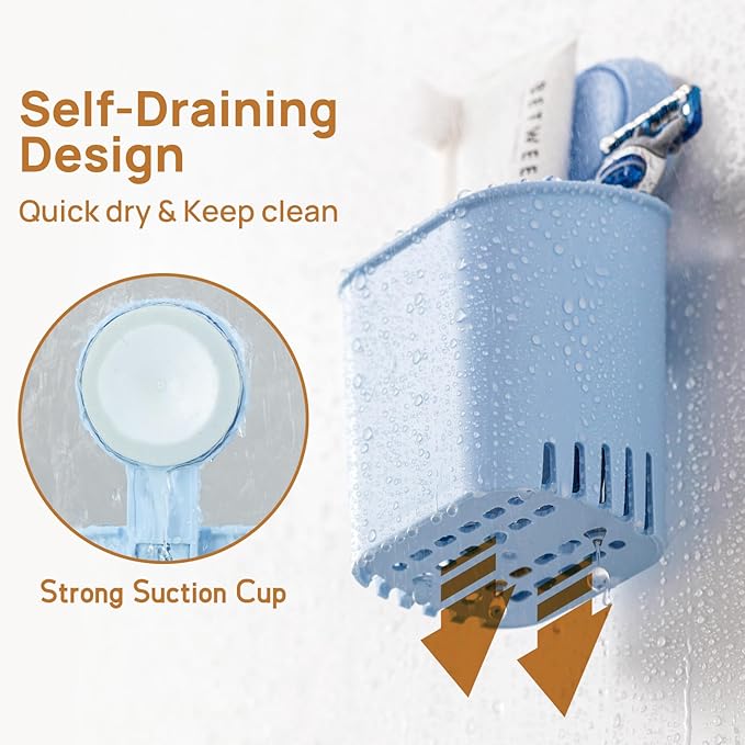 LEVERLOC Powerful Suction Cup Toothbrush Holder, Drill-Free Wall Shower Holder for Toothbrush, Toothpaste, Razor, Self-draining Kitchen Tableware Organizer, Removable Suction Cup in Shower, Blue
