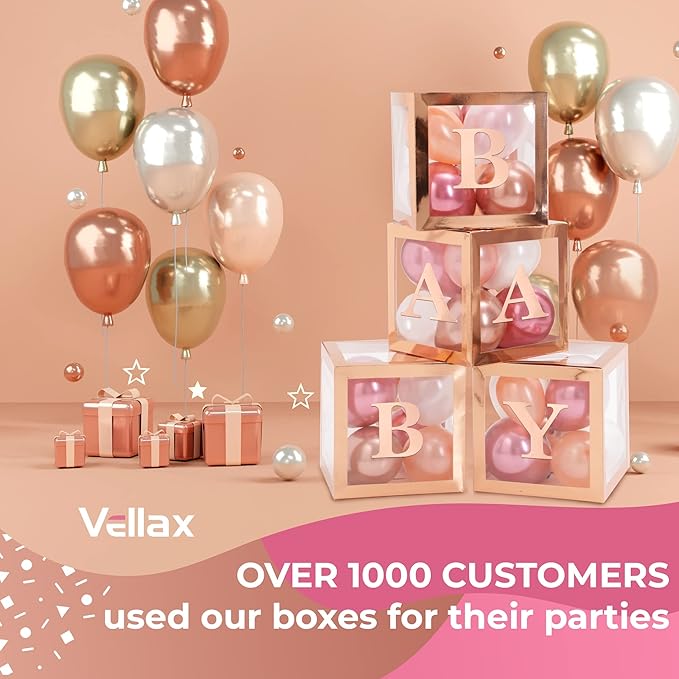 Baby Shower Decorations – Rose Gold Baby Shower Boxes with Letters, Baby Blocks with Rose Gold, Pink, and White Balloons – 44-Piece Party Set for Boys and Girls by Vellax®