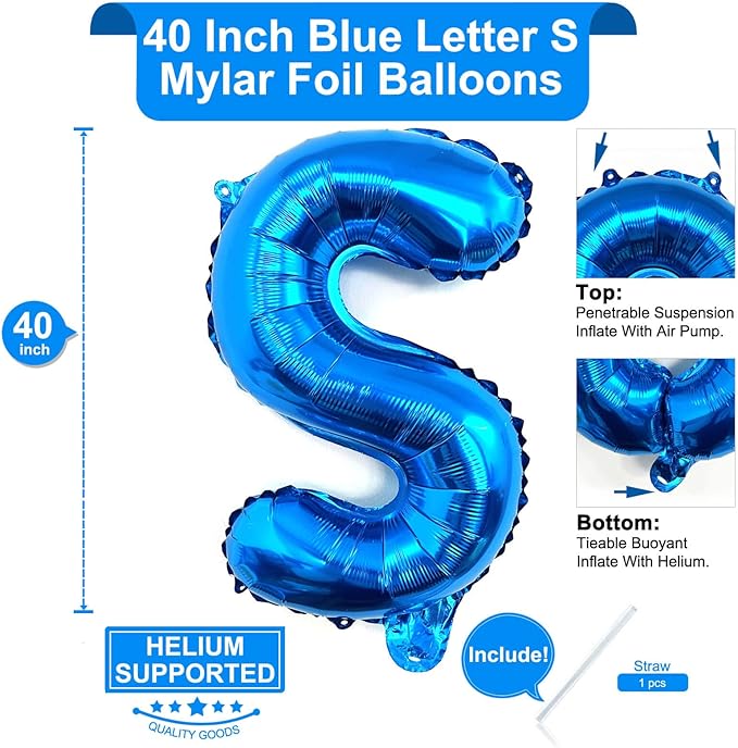 Lovoir 40 Inch Large Blue Letter S Balloons Big Size Jumbo Mylar Foil Helium Balloon for Birthday Party Celebration Decorations Alphabet Blue S
