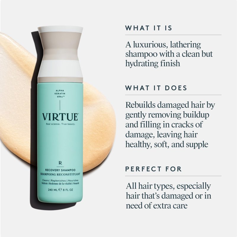 VIRTUE Recovery Sulfate Free Shampoo with Keratin and Baobab Seed Oil for Damaged Hair, Color Safe