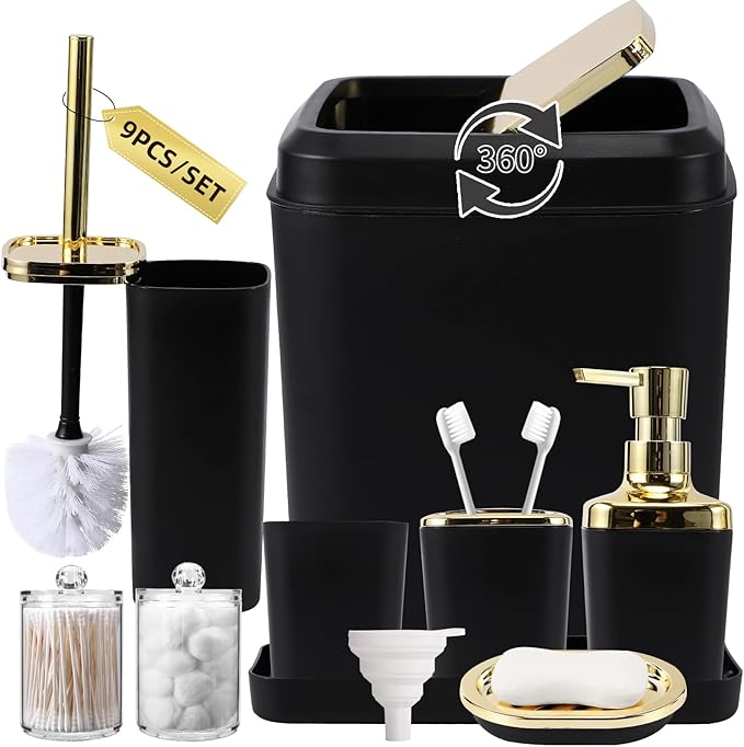 Bathroom Accessories Set - Black Bathroom Set, 9PC Bathroom Accessory Set with Trash Can, Toilet Brush, Qtip Holder Dispenser & Soap