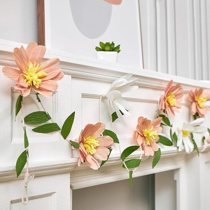 2PCS Paper Flower Garland, Paper Leaves Banner Vine Flowers with Green Leaves Crepe Floral Garland Decorations for Wall Anniversary Wedding Birthday Arch Decor (8.2ft)