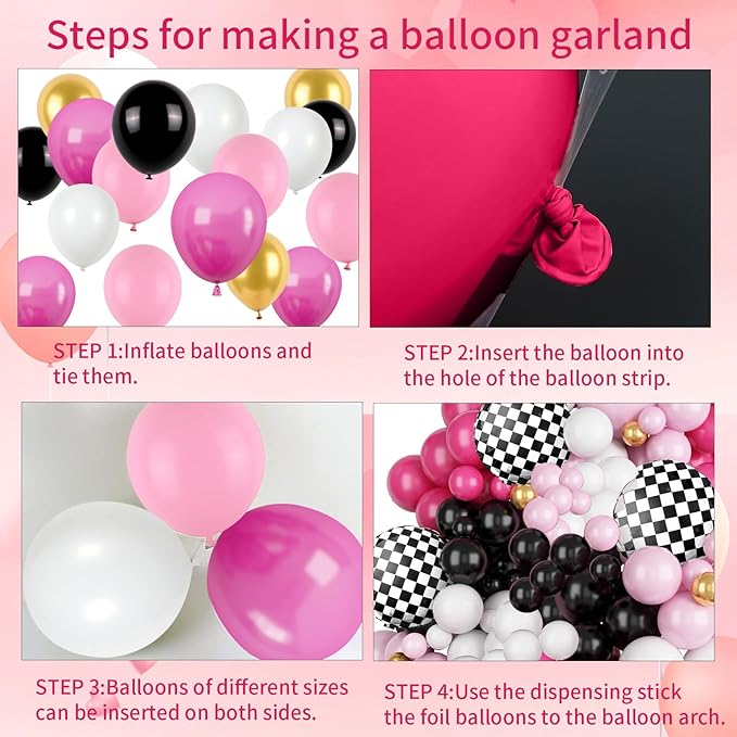 FunHot Pink Race Car Balloon Arch Garland Kit, Hot Pink Black Balloons Arch with Black and White Plaid Foil Balloons for Racing Car Theme Birthday Party Decorations