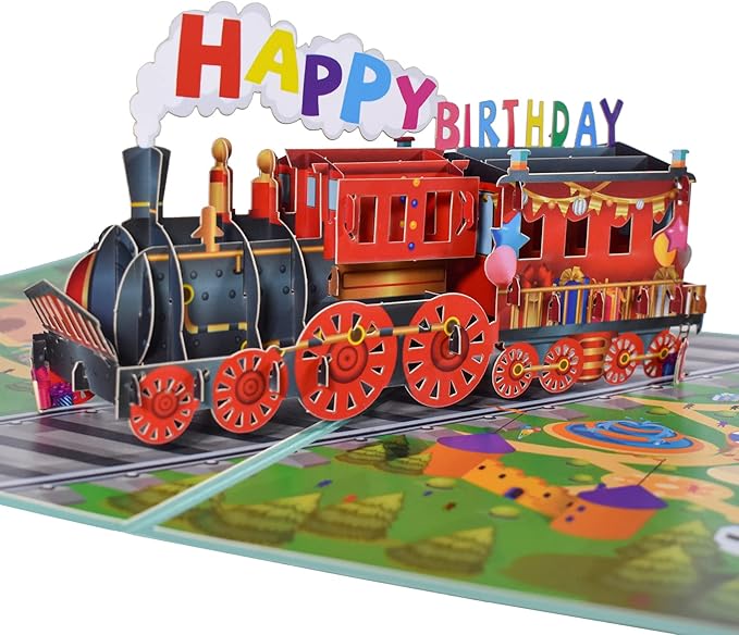 GREETING ART Happy Birthday Train Pop Up Card,3D Greeting Card for Birthday, Pop Up Birthday Card for Kids Boys Men Grandson Friends Daughter Son (Train Birthday Card)