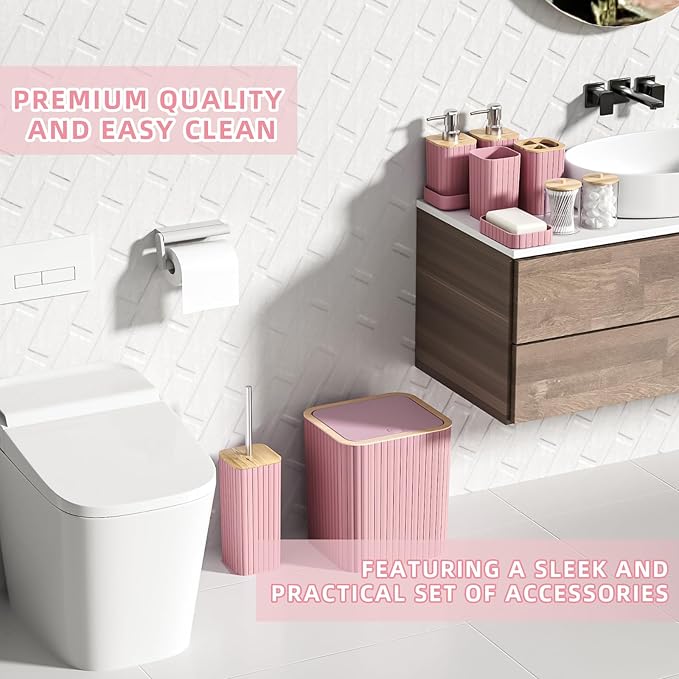 Bathroom Accessories Set - 25PC Pink Bathroom Set, Bathroom Set with Shower Curtain and Rugs, Pink Shower Curtain Set, Toilet Brush, Bathroom Trash Can
